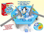 Penguin game with ice platform and penguin figure, featuring text and packaging on a light yellow background.