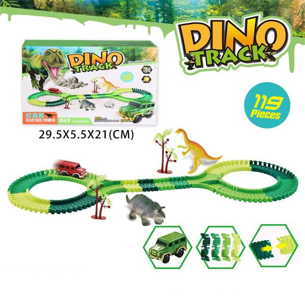 Dinosaur toy track set with packaging and accessories on a white background