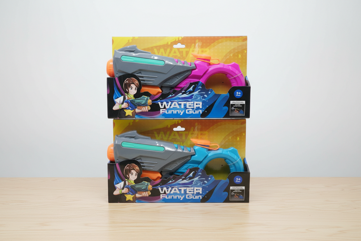 Packaged water gun toy with colorful design on a light gray background
