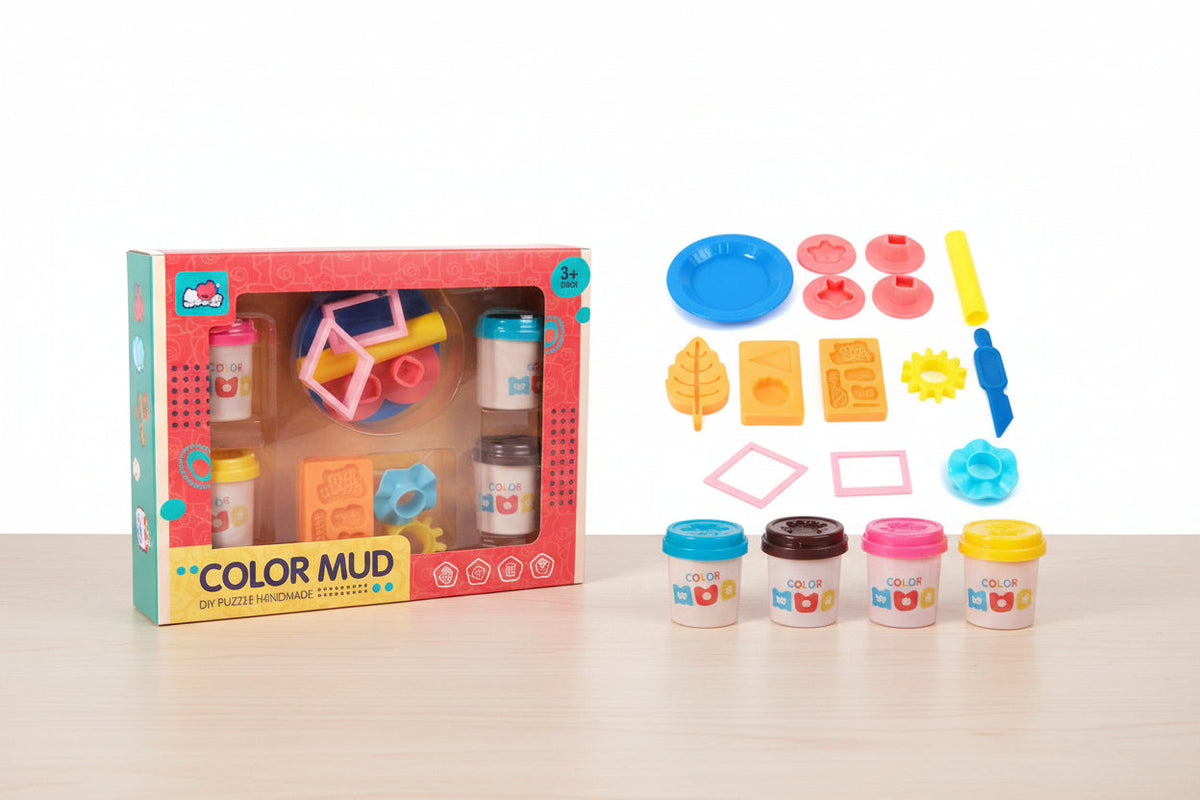 Color mud kit with packaging, containers, and tools on a white background