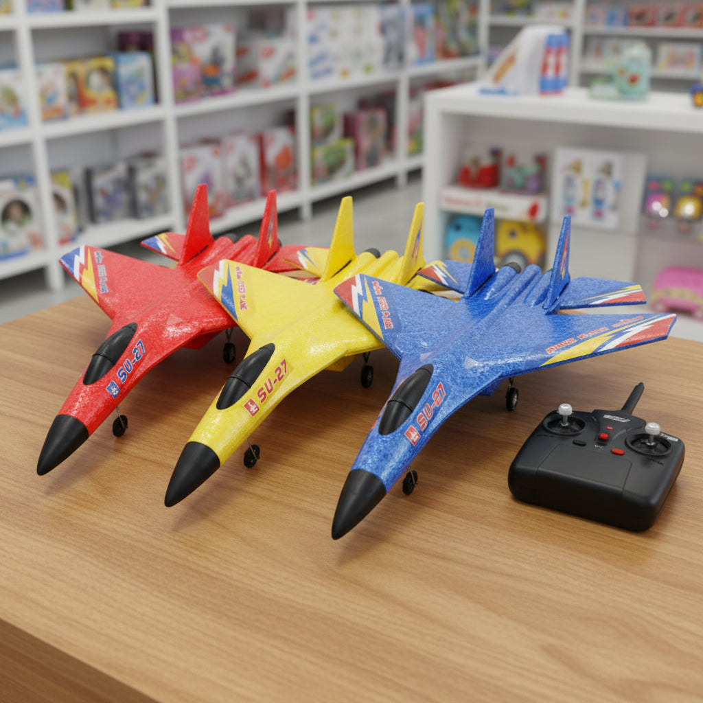 Three remote control toy fighter jets in red, yellow, and blue, displayed on a wooden table next to a black remote control transmitter, with a blurred toy store background.