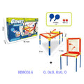 Table tennis set with packaging, dimensions, and components on a white background