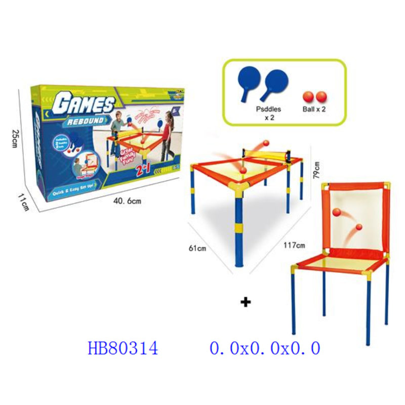 Table tennis set with packaging, dimensions, and components on a white background