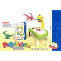 Children's projection drawing table with dinosaur design, packaging, and measurement details on a white background.