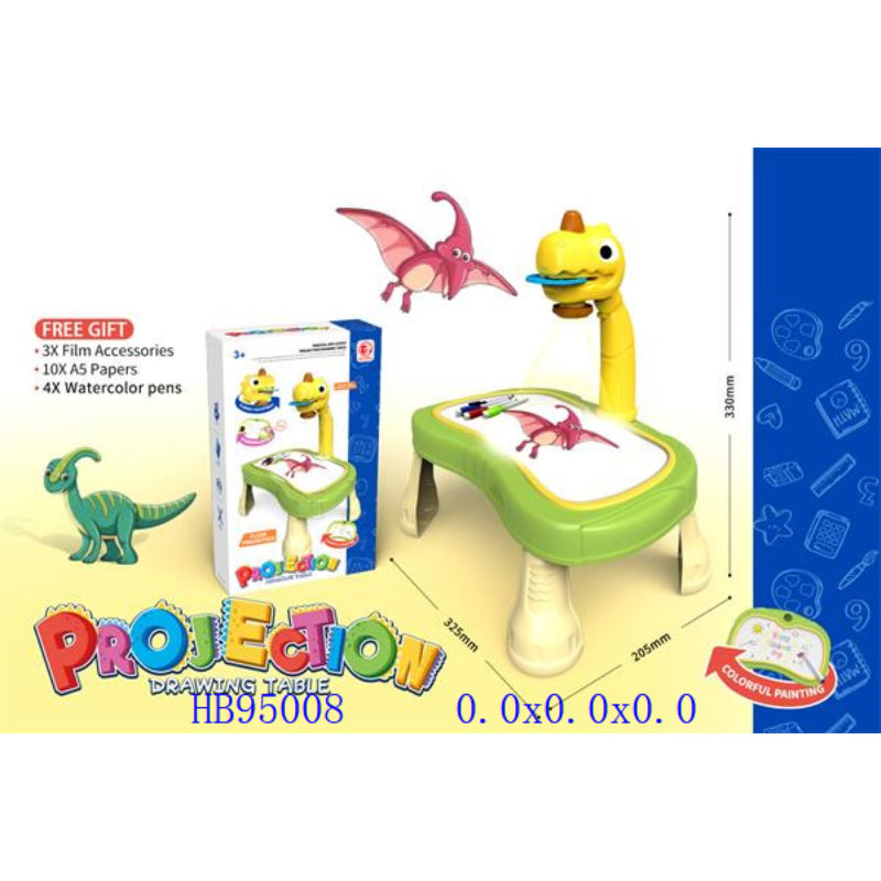 Children's projection drawing table with dinosaur design, packaging, and measurement details on a white background.