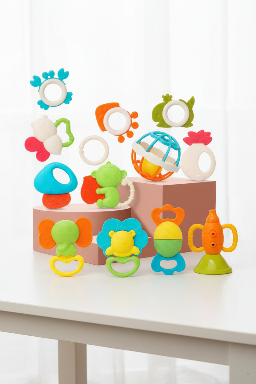 Colorful baby teething toys on a white surface with a white curtain background