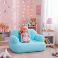 Children's room with a blue inflatable chair, doll, and teddy bears.