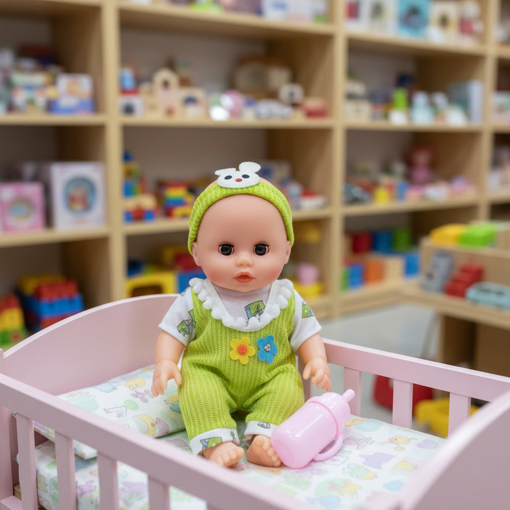 Toy baby in a crib with a green outfit in a toy store setting