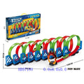 Toy track set with colorful loops and cars, including packaging, on a white background.