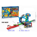 Toy race track set with cars and packaging on a white background