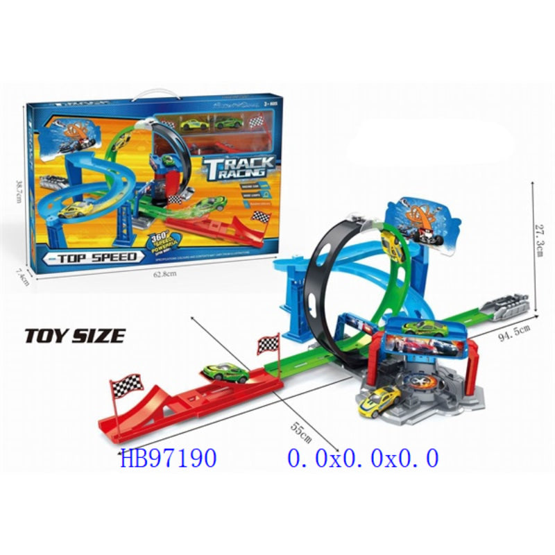 Toy race track set with cars and packaging on a white background