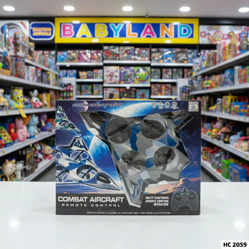A boxed remote control toy aircraft displayed on a white counter in a toy store. The front of the box shows a blue and gray fighter jet, a black remote control, and the text 'COMBAT AIRCRAFT REMOTE CONTROL' and 'MULTI FUNCTIONAL REMOTE CONTROL OPERATOR'.