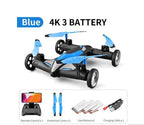 Blue and black quadcopter drone with three wheels, shown with text 'Blue 4K 3 BATTERY' and accessories including a remote control, protection cover, propellers, three lithium battery packs, and a charging cable on a white background.