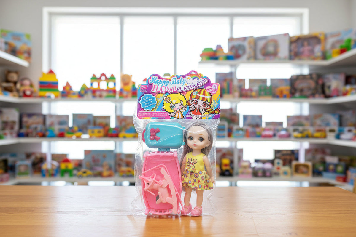 Toy doll with packaging on a table in a toy store setting