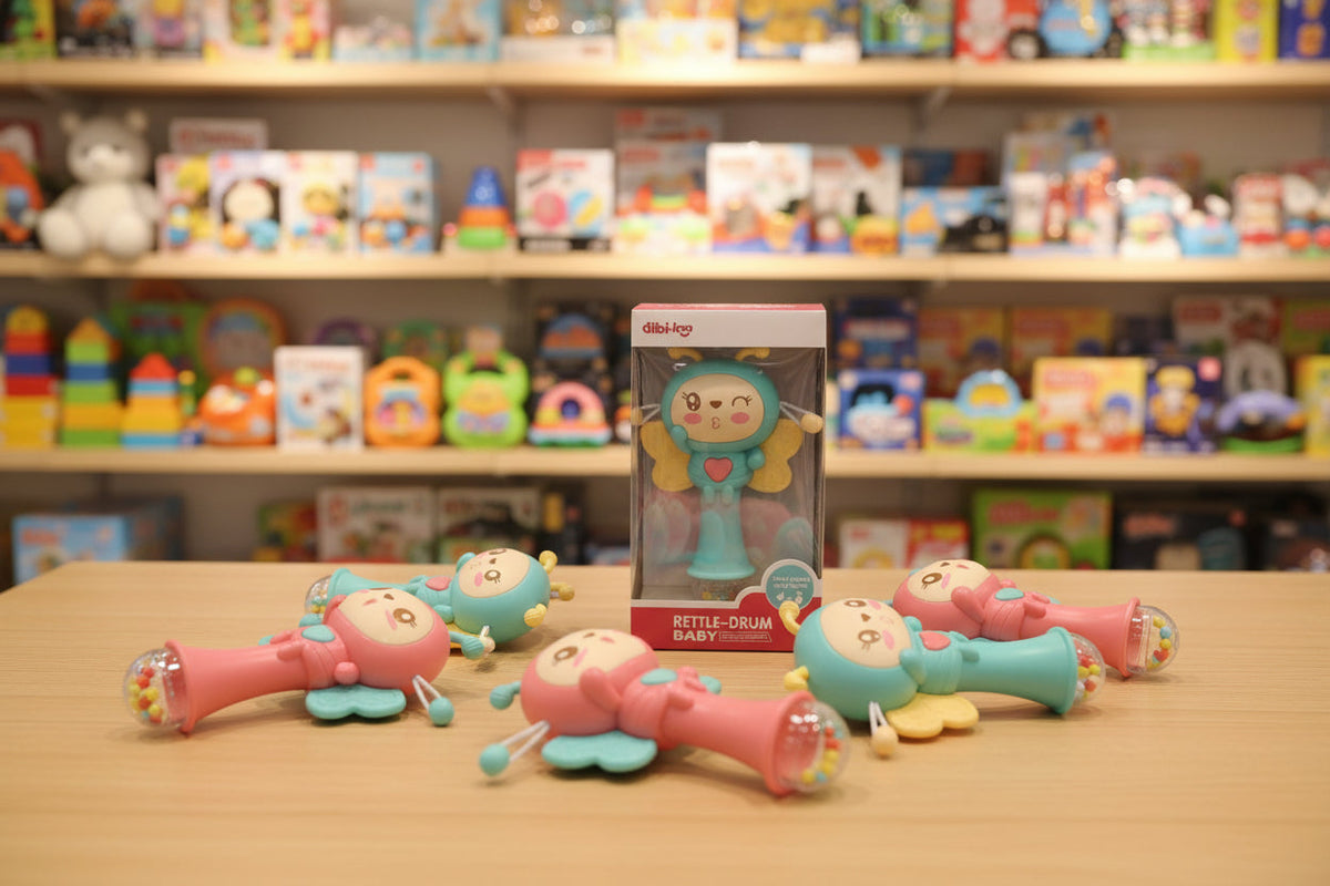 Toy robot on a table with a blurred toy store background