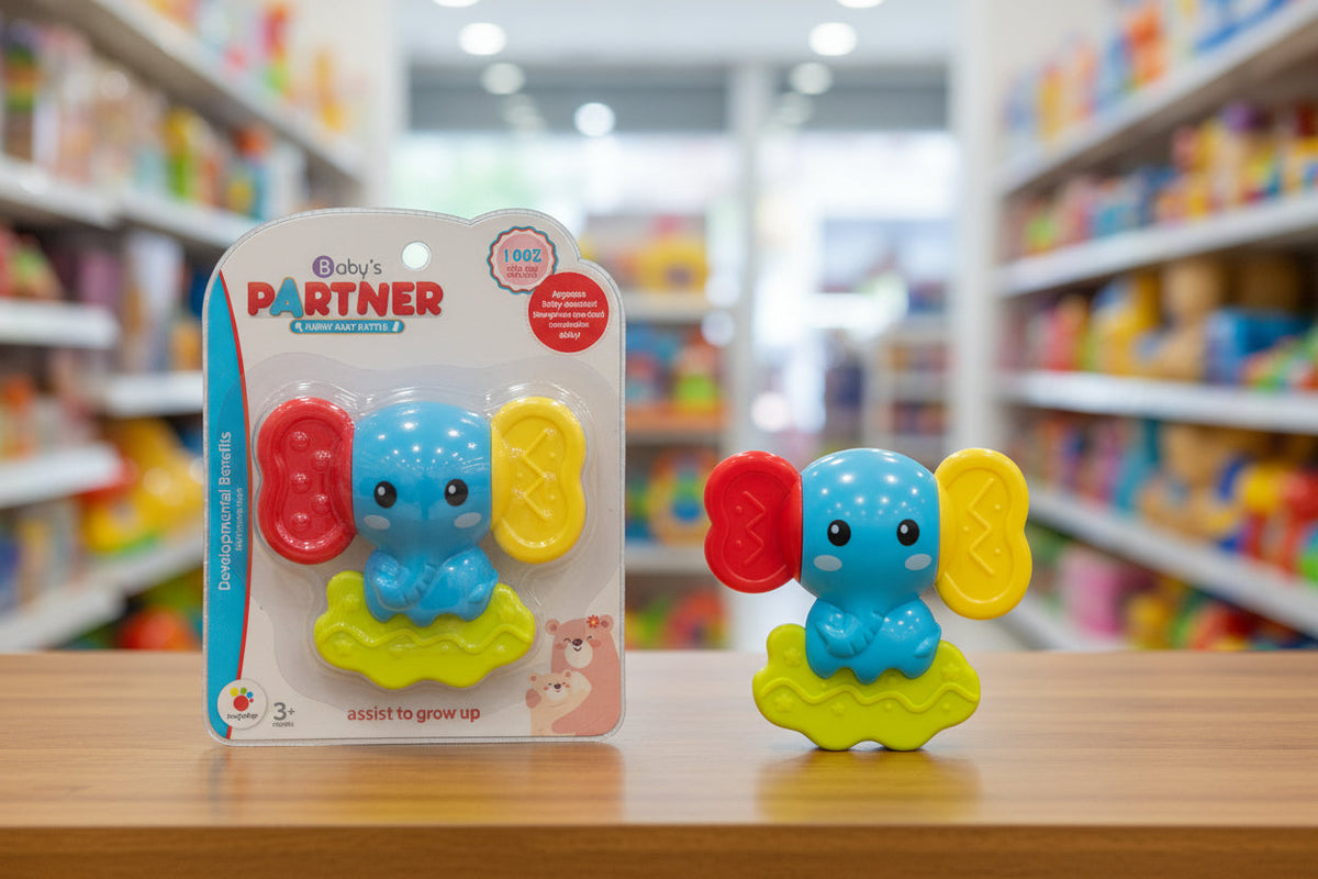 Children's toy elephant with packaging on a store shelf