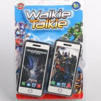 Packaged toy walkie talkies with colorful graphics on a white background