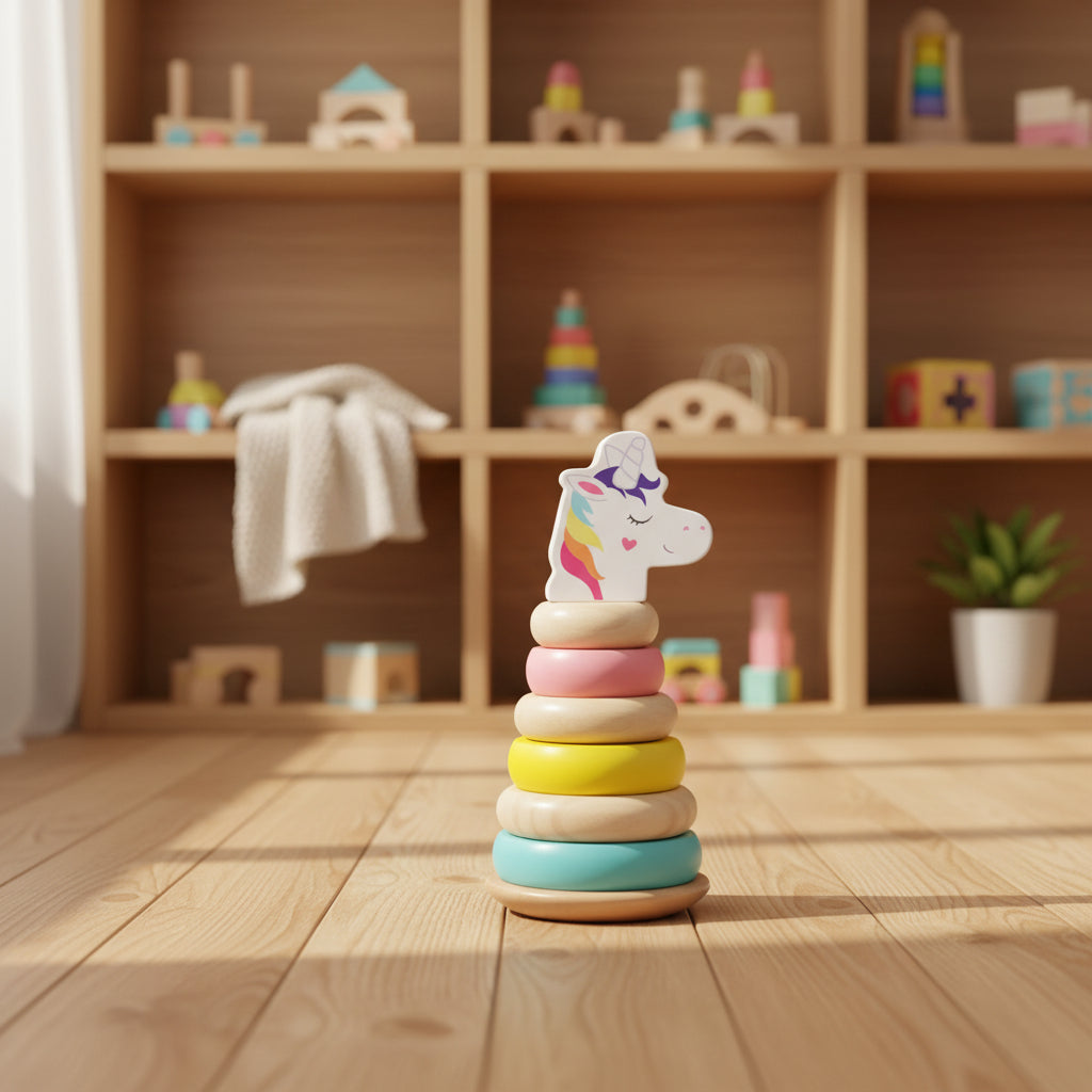 Stack of colorful wooden rings with a unicorn design on top, placed on a wooden floor with shelves in the background.