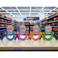 Colorful jump ropes on a shelf in a store with basketballs in the background