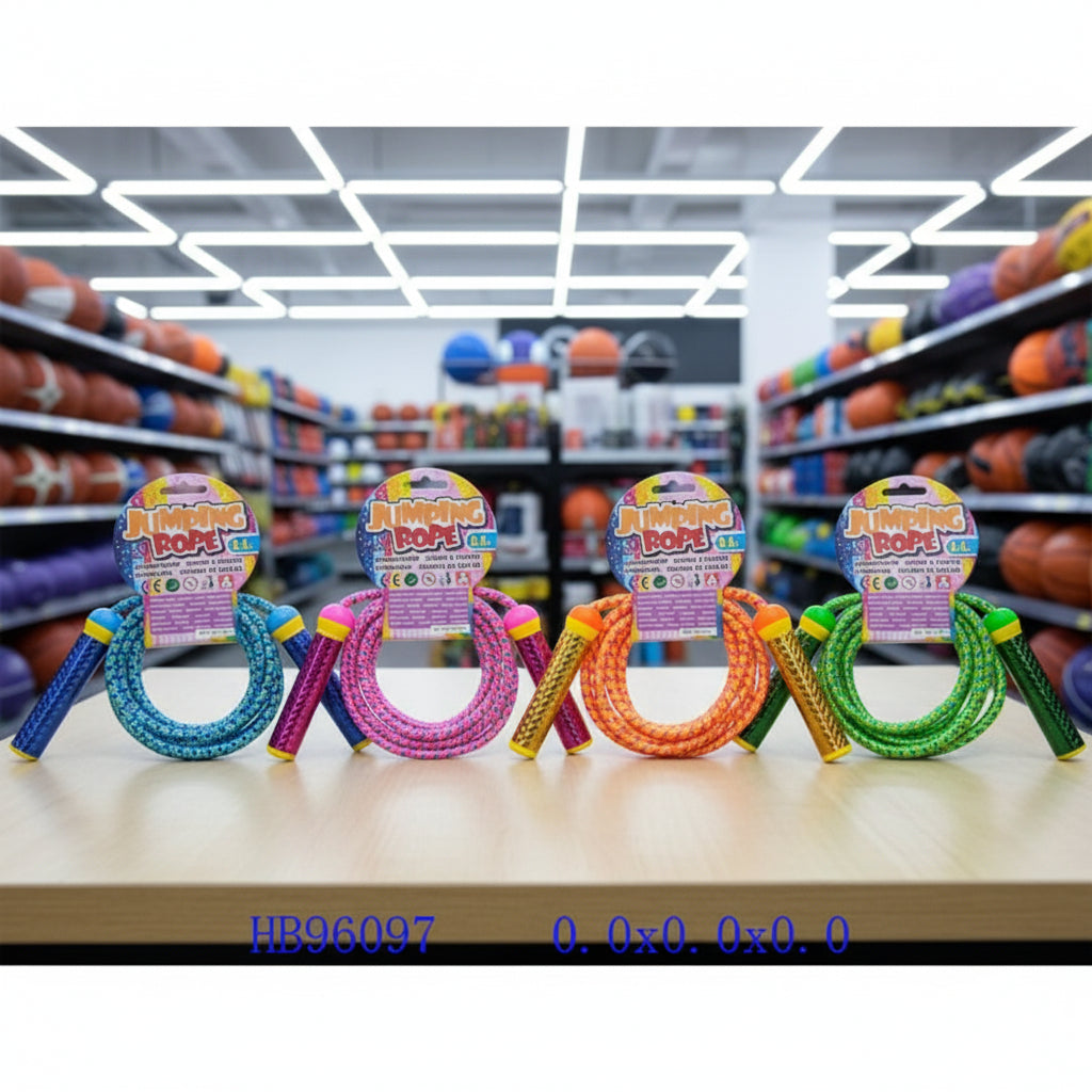 Colorful jump ropes on a shelf in a store with basketballs in the background