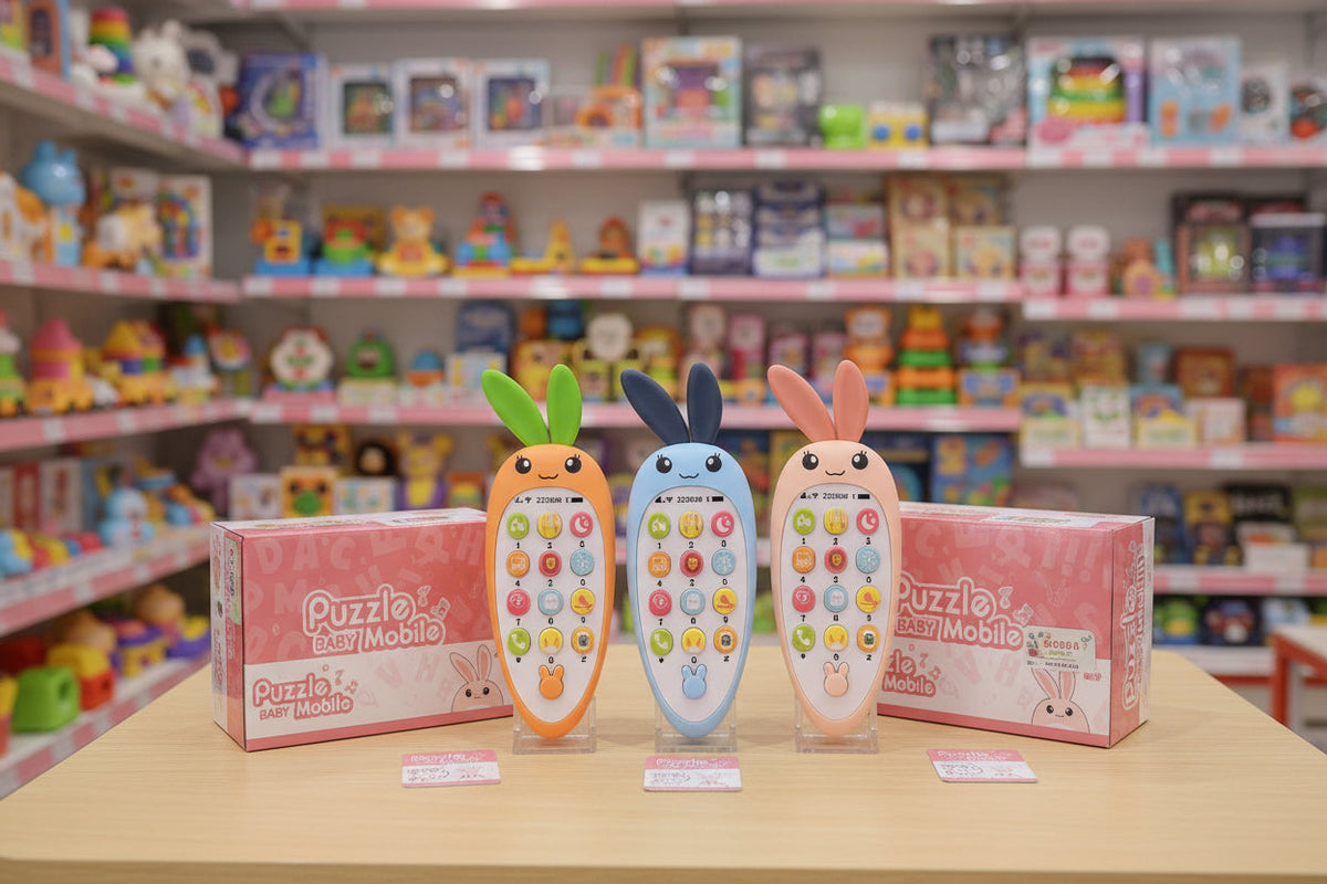 Three children's toy phones with colorful designs on a table in a toy store.
