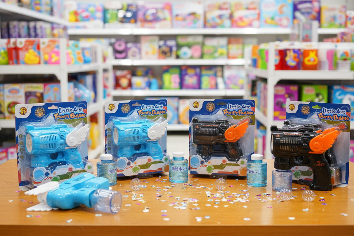 Bubble gun toys on display in a store with shelves in the background