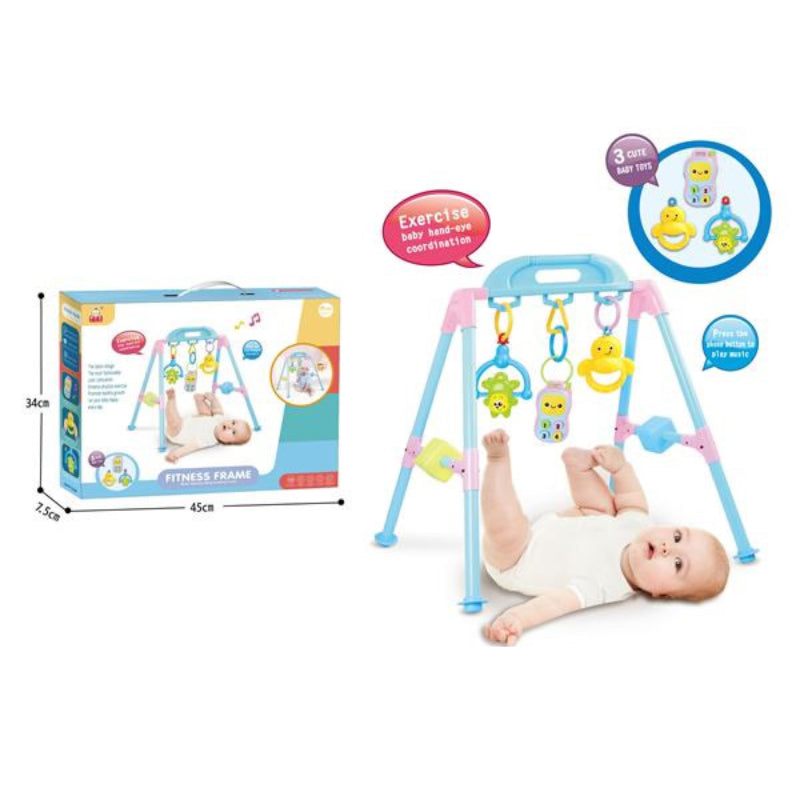 Baby gym with toys and packaging on a white background