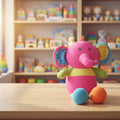 Colorful elephant toy on a table with a background of shelves filled with toys