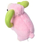 Pink plush toy with green accents on a white background