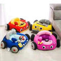 Four colorful children's car seats on a tiled floor.