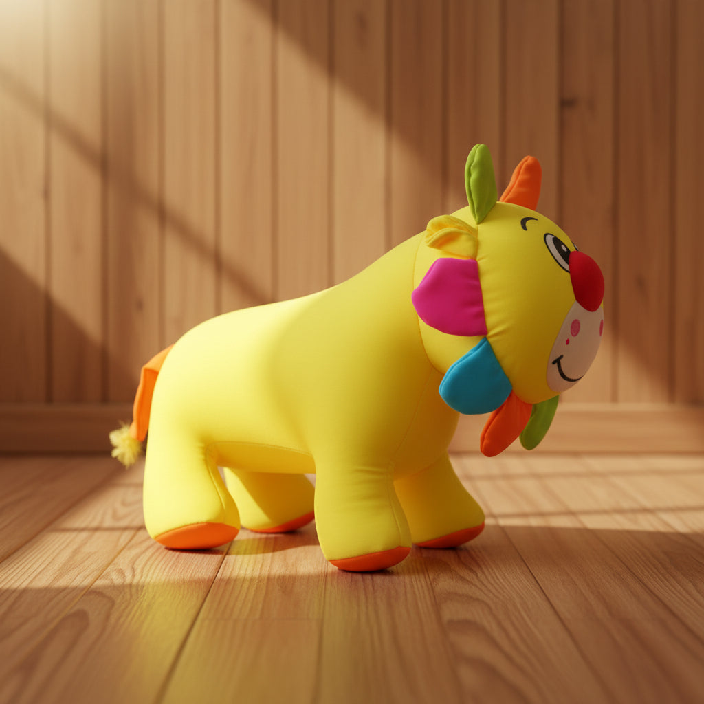 Colorful toy lion on a wooden floor with a wooden wall background