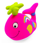 Colorful inflatable fish toy with a happy face on a white background