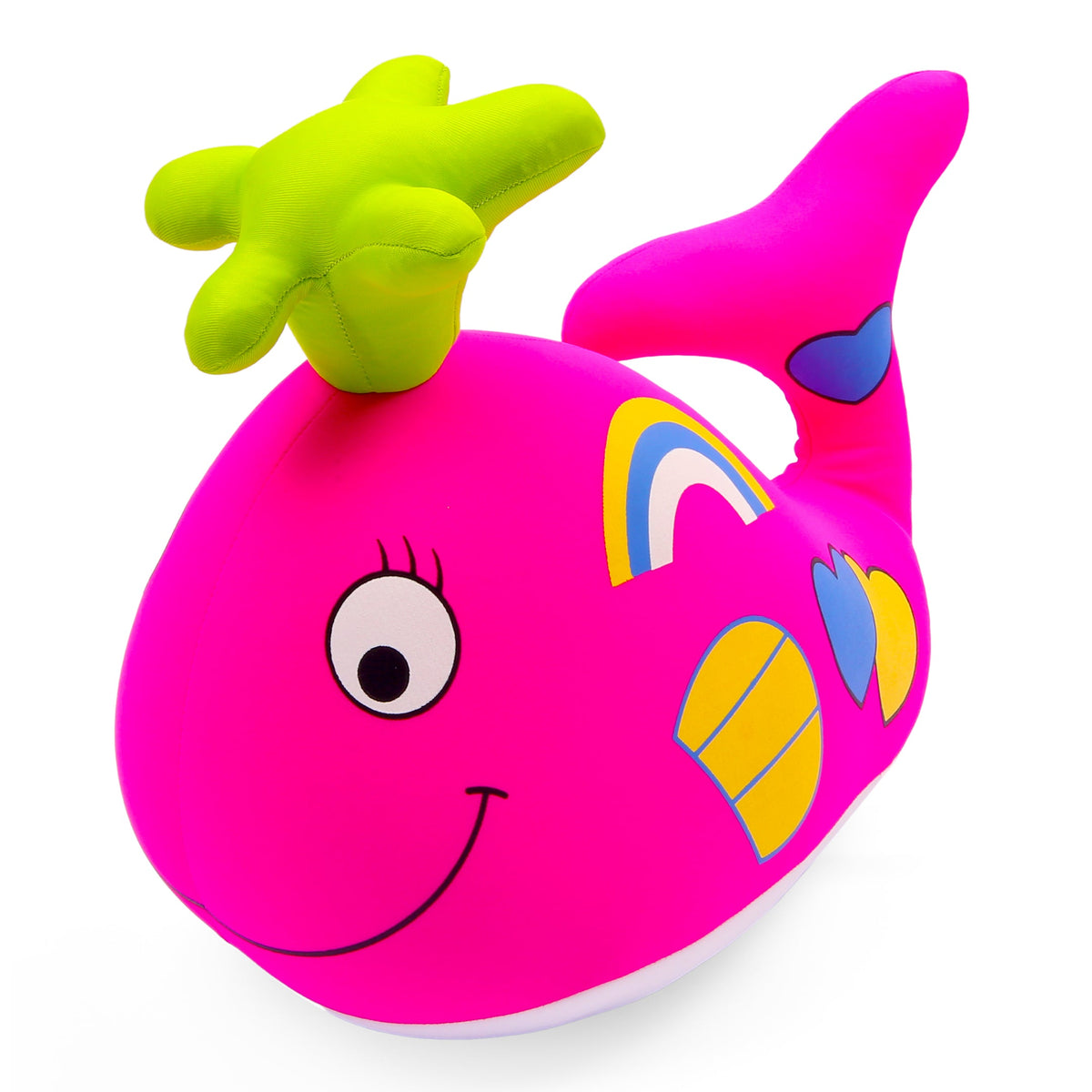Colorful inflatable fish toy with a happy face on a white background