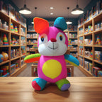 Colorful plush toy on a wooden table in a toy store