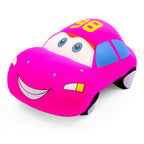Pink toy car with a smiling face on a white background