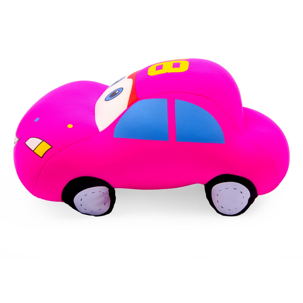 Pink toy car with blue windows on a white background