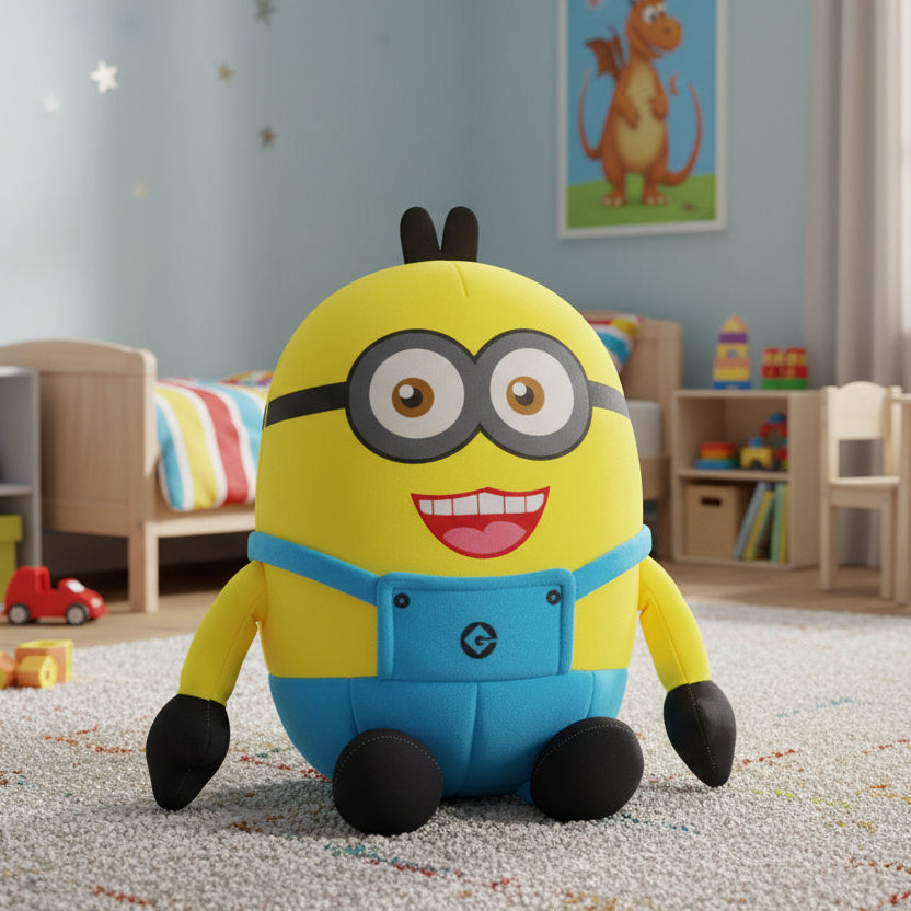 Plush toy resembling a character from a popular movie in a child's room with toys and furniture.
