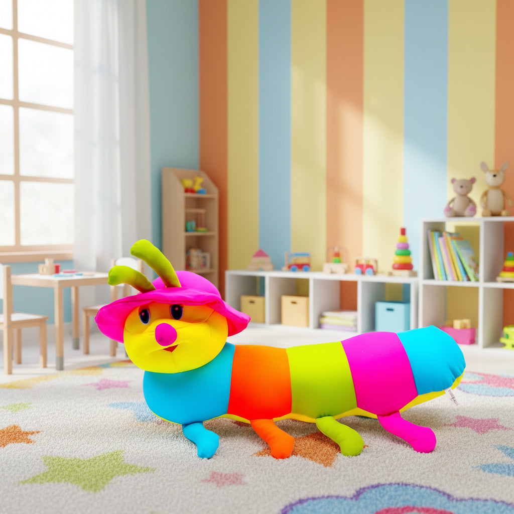 Colorful caterpillar toy with bright rainbow body and pink hat for kids' playroom