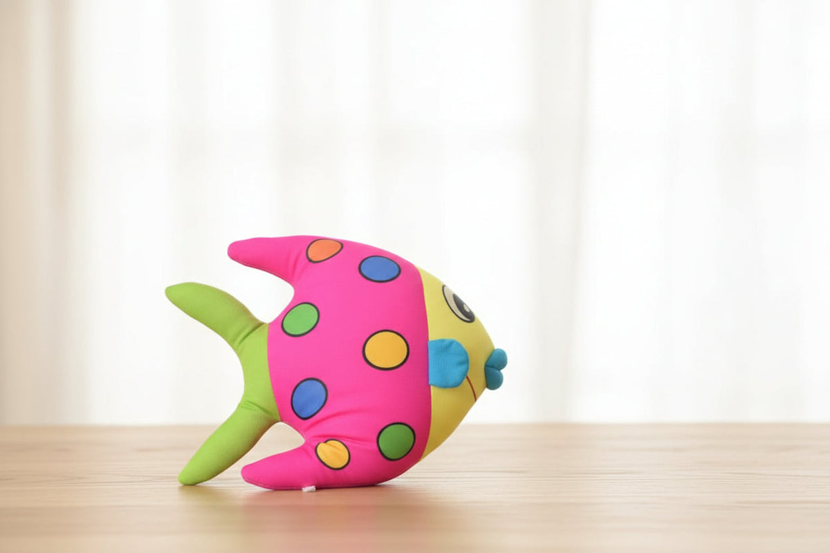 Colorful fish-shaped plush toy on a wooden surface with a light background