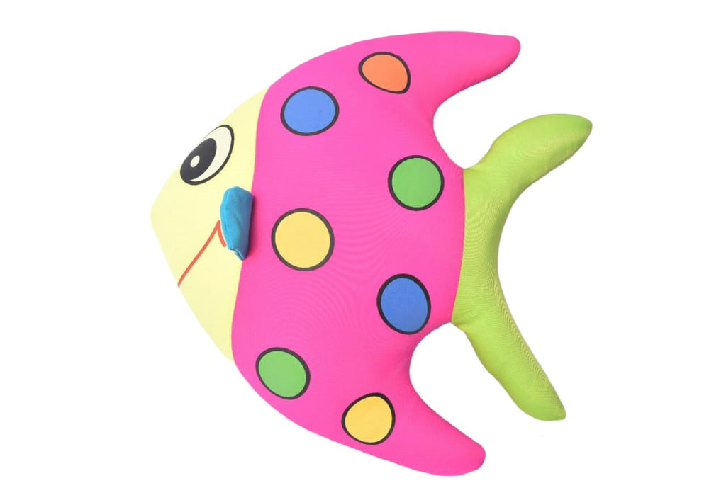 Colorful fish-shaped toy with polka dot pattern on a white background