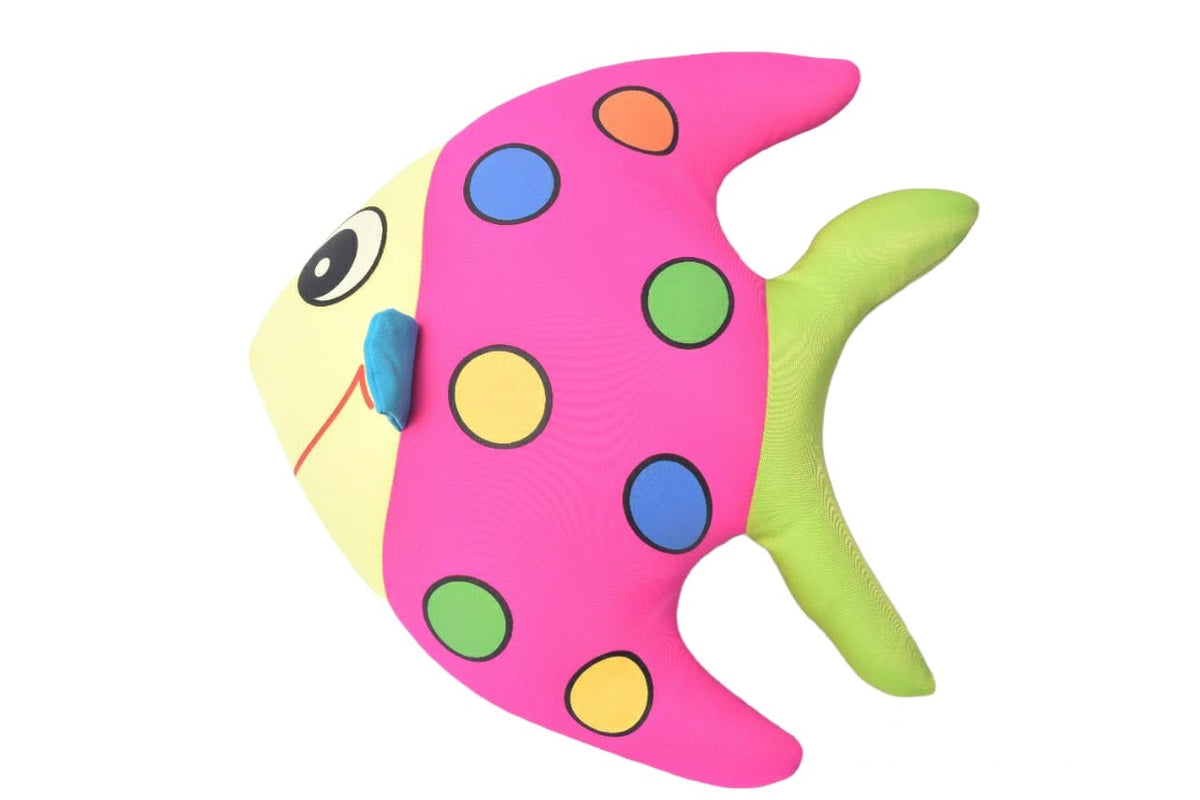 Colorful fish-shaped toy with polka dot pattern on a white background