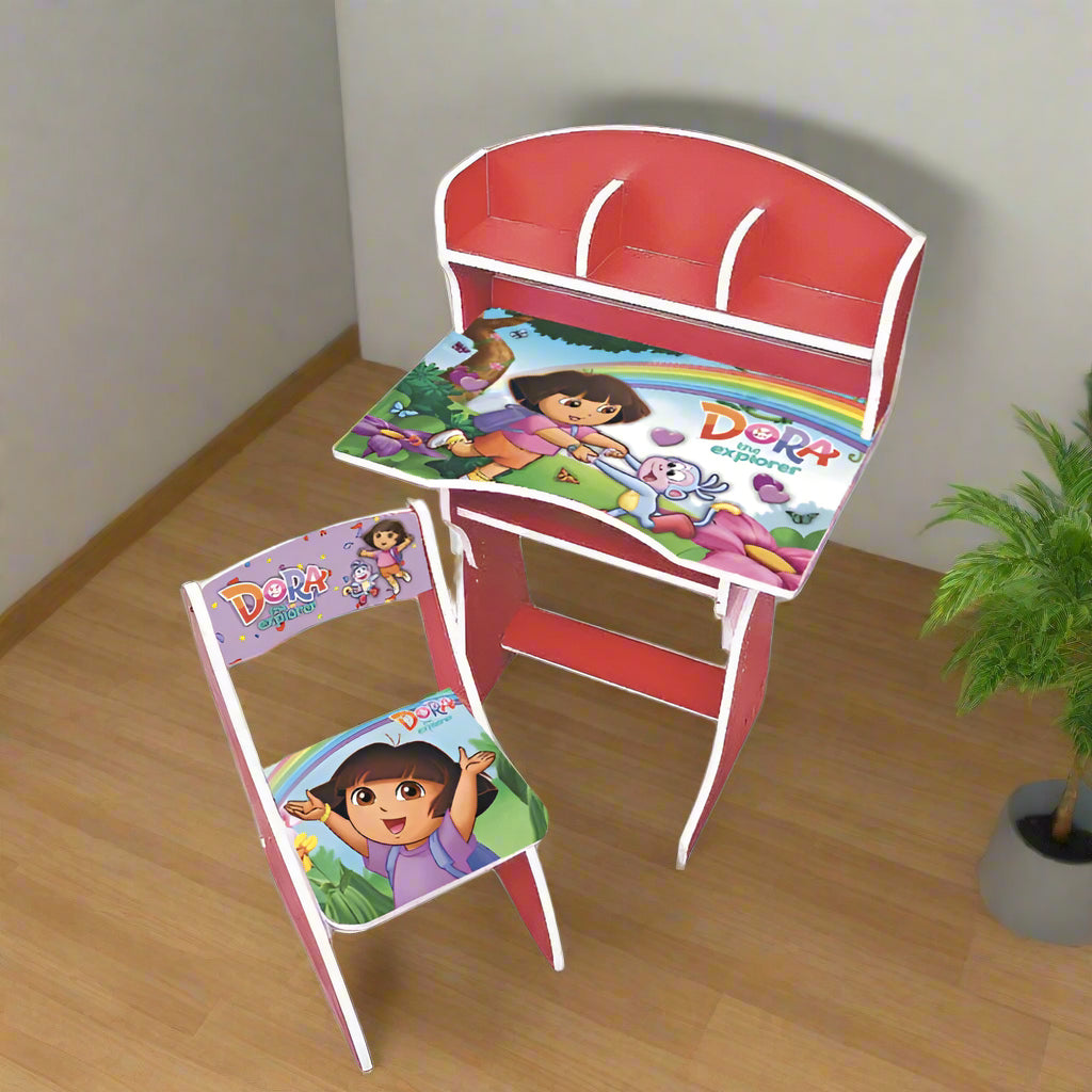 Children's desk and chair set with Dora the Explorer design on a wooden floor.