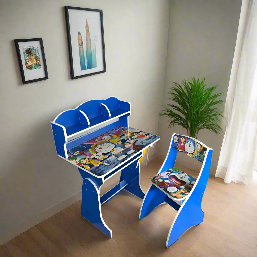 Children's blue desk and chair set with colorful design in a room setting.