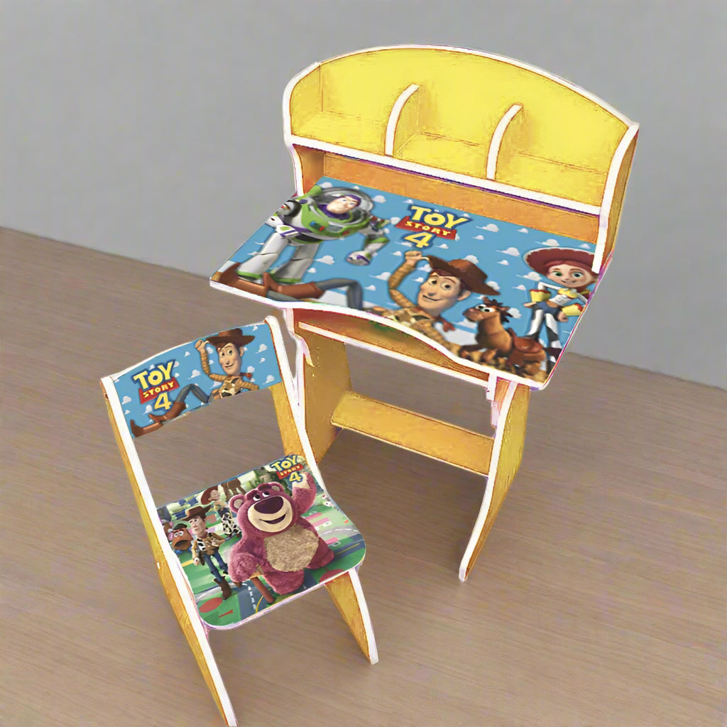 Children's desk and chair set with 'Toy Story' character designs on a wooden floor.