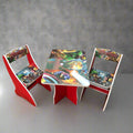 Children's table and chairs set with superhero design on a gray background