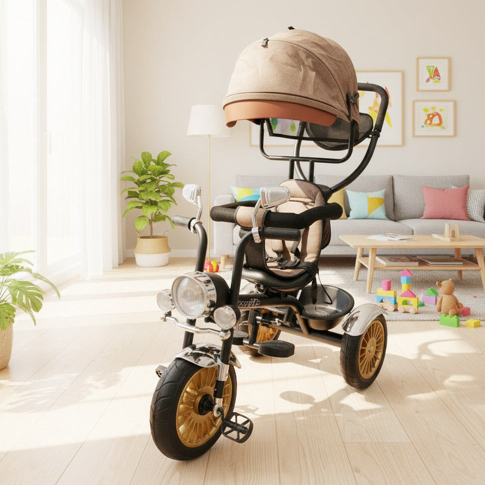 Kids Beige Motorbike-Style Canopy Tricycle T-628BXT