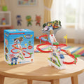 Toy race track set with cars and POLI branding on a table in a room.