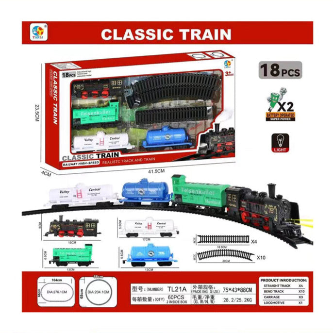 Toy train set with packaging displaying 'Classic Train' and product details.