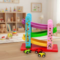Colorful toy track with cartoon characters on a wooden floor in a room with toys in the background