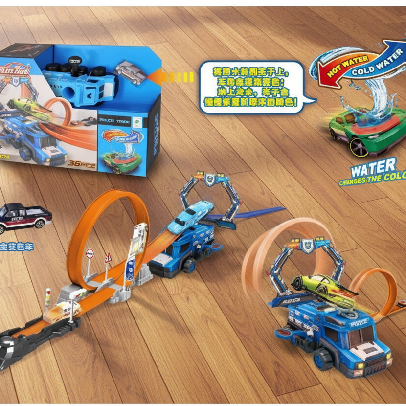 Toy car track set with cars and accessories on a wooden floor